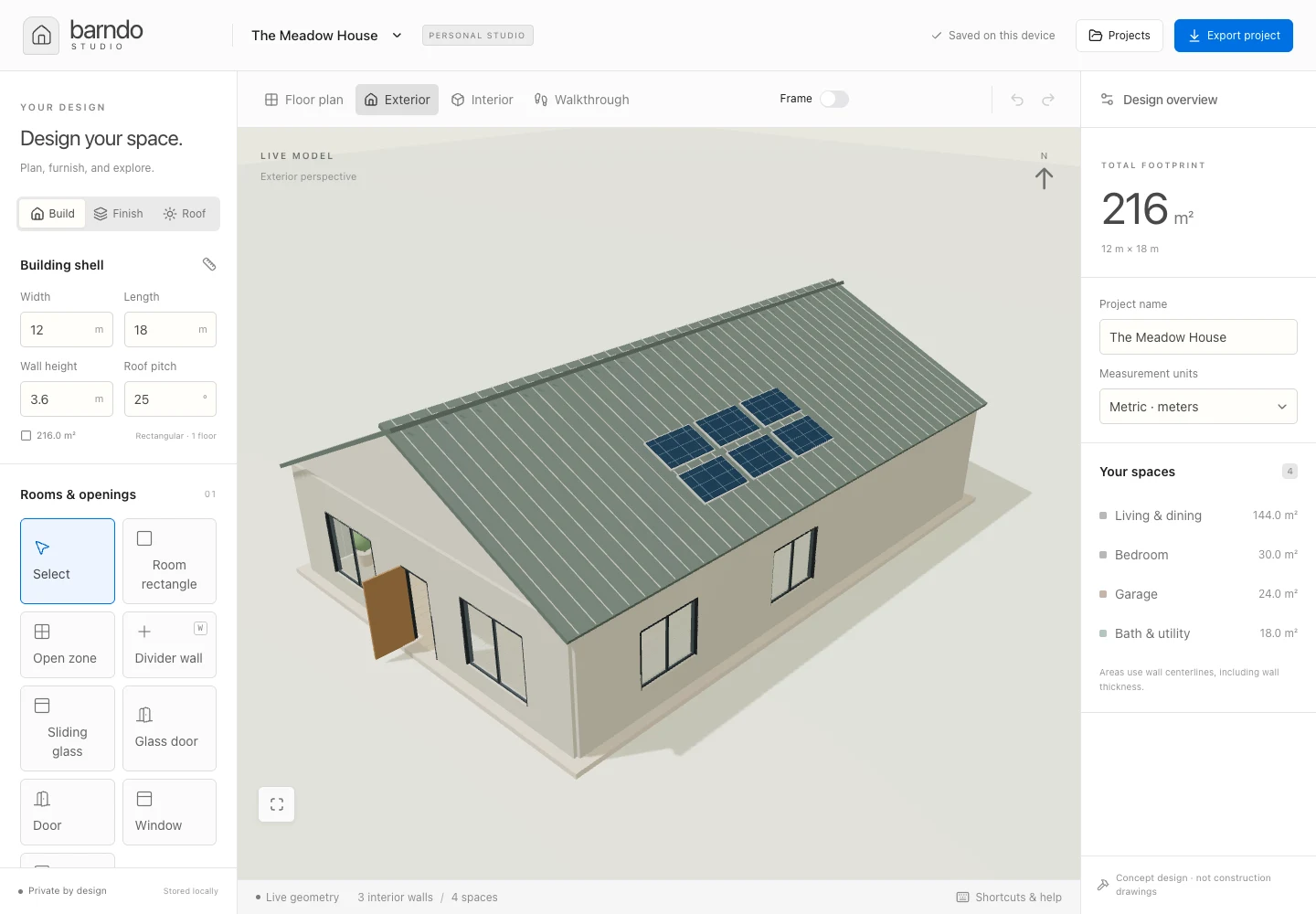 Barndo Studio exterior view showing the building and its gable roof in 3D