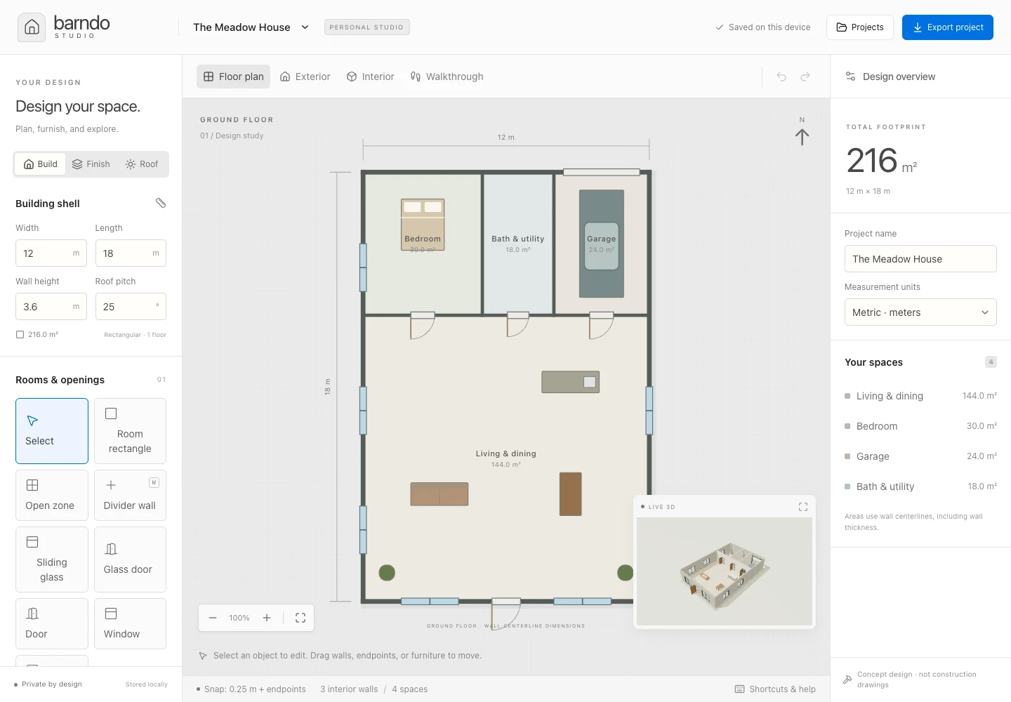A furnished Barndo Studio floor plan with four named spaces and live dimensions