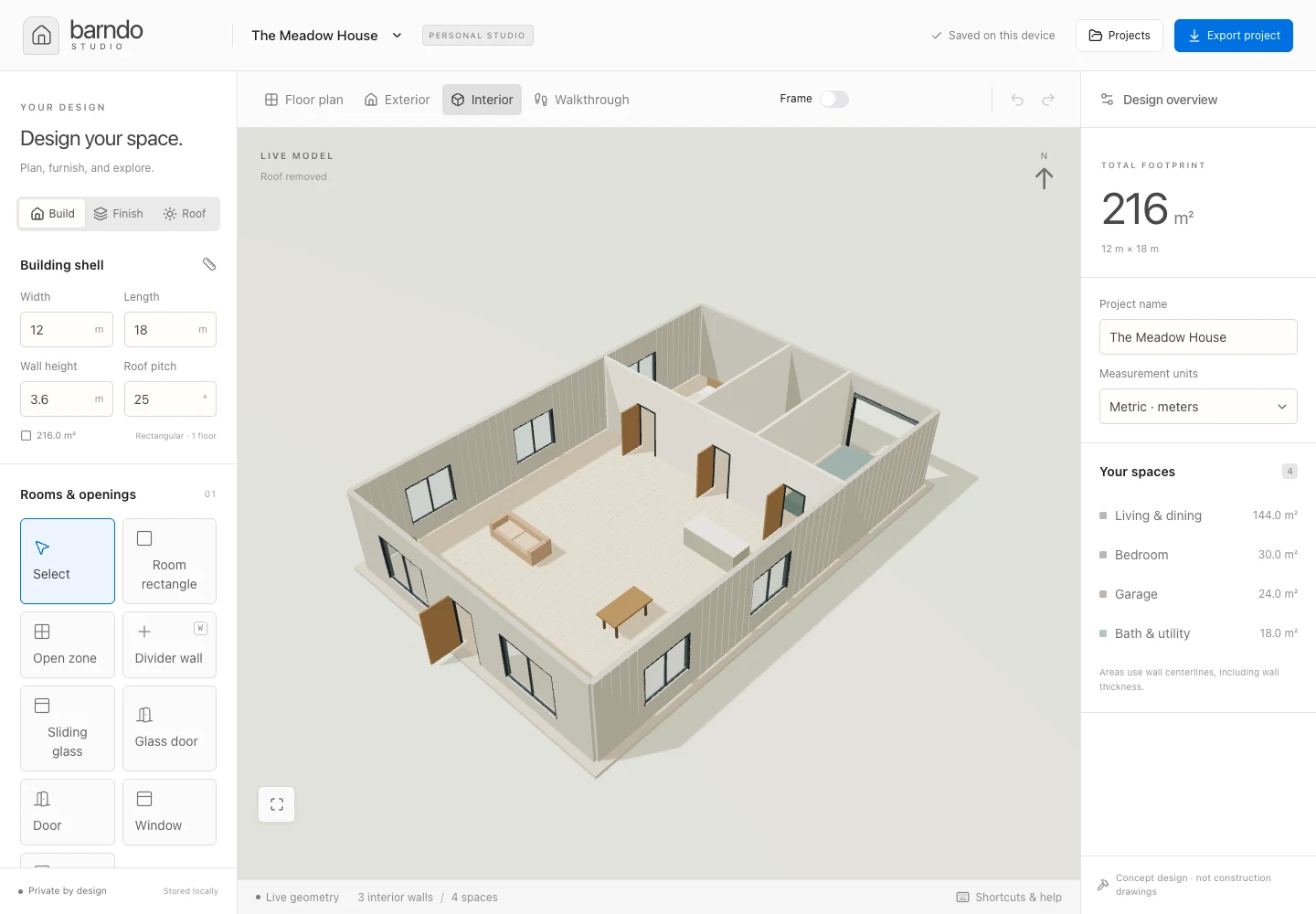 Barndo Studio interior view showing the furnished rooms in 3D