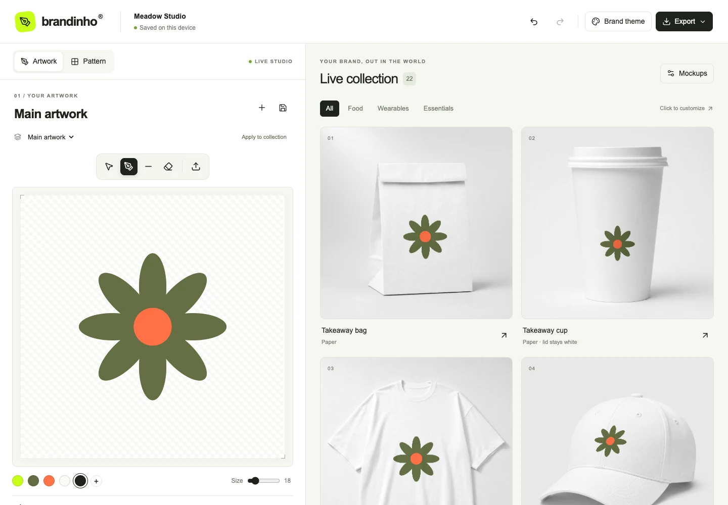Brandinho artwork workspace with a sample floral mark applied to a bag and takeaway cup