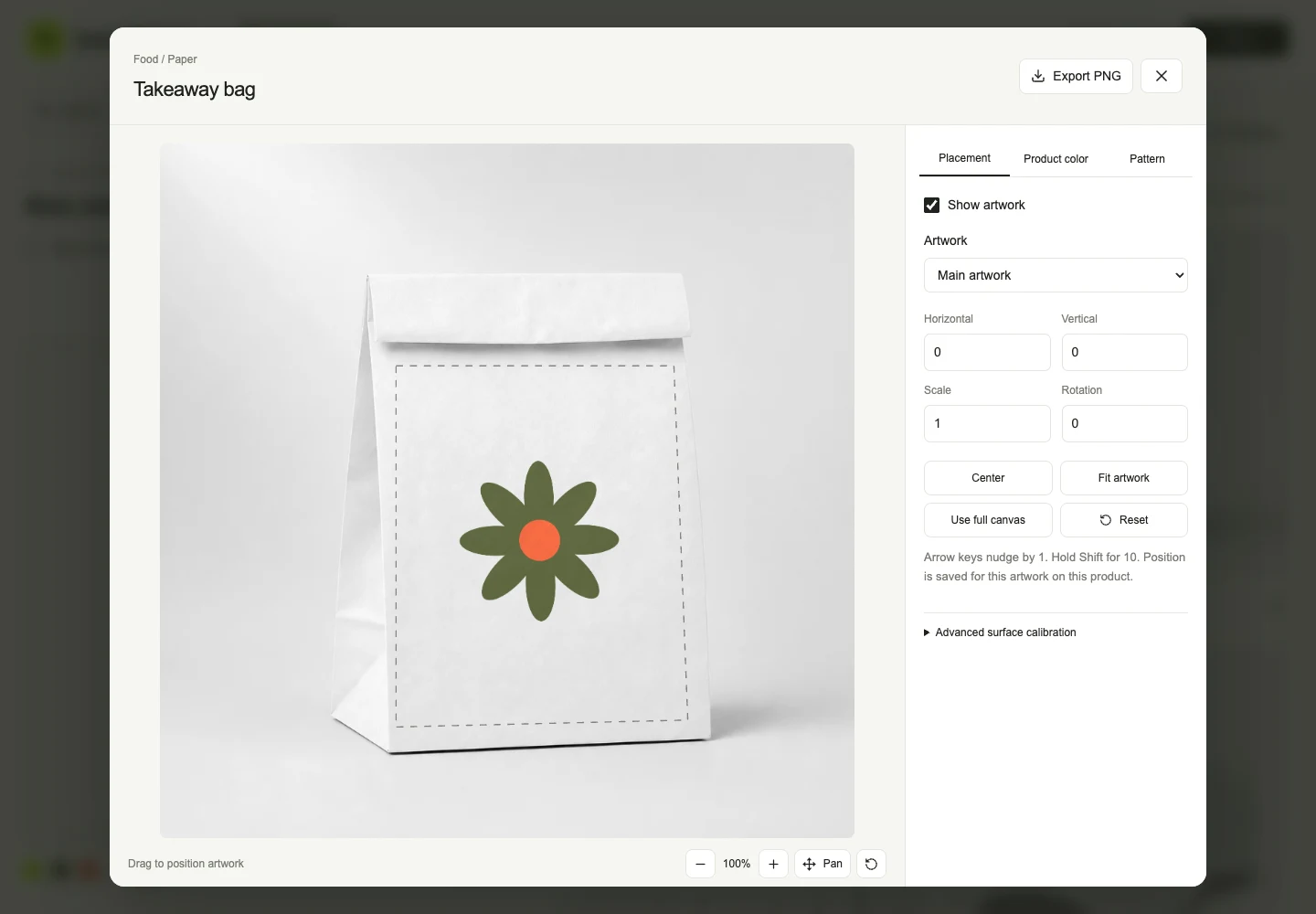 Brandinho product editor with placement and color controls for a takeaway bag