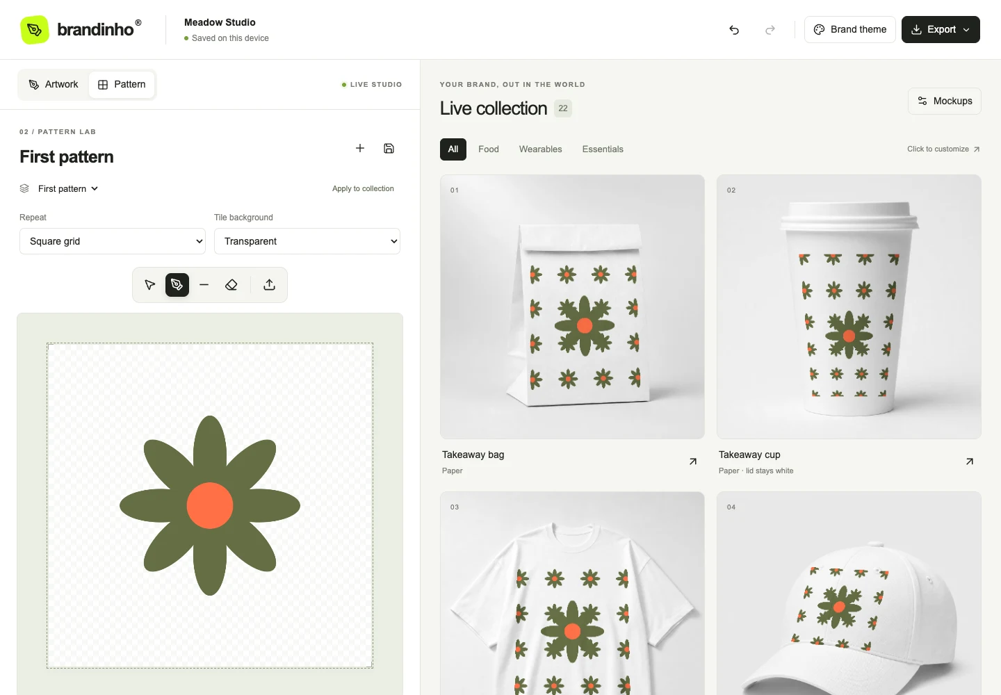 Brandinho pattern workspace showing a repeating sample design across product mockups