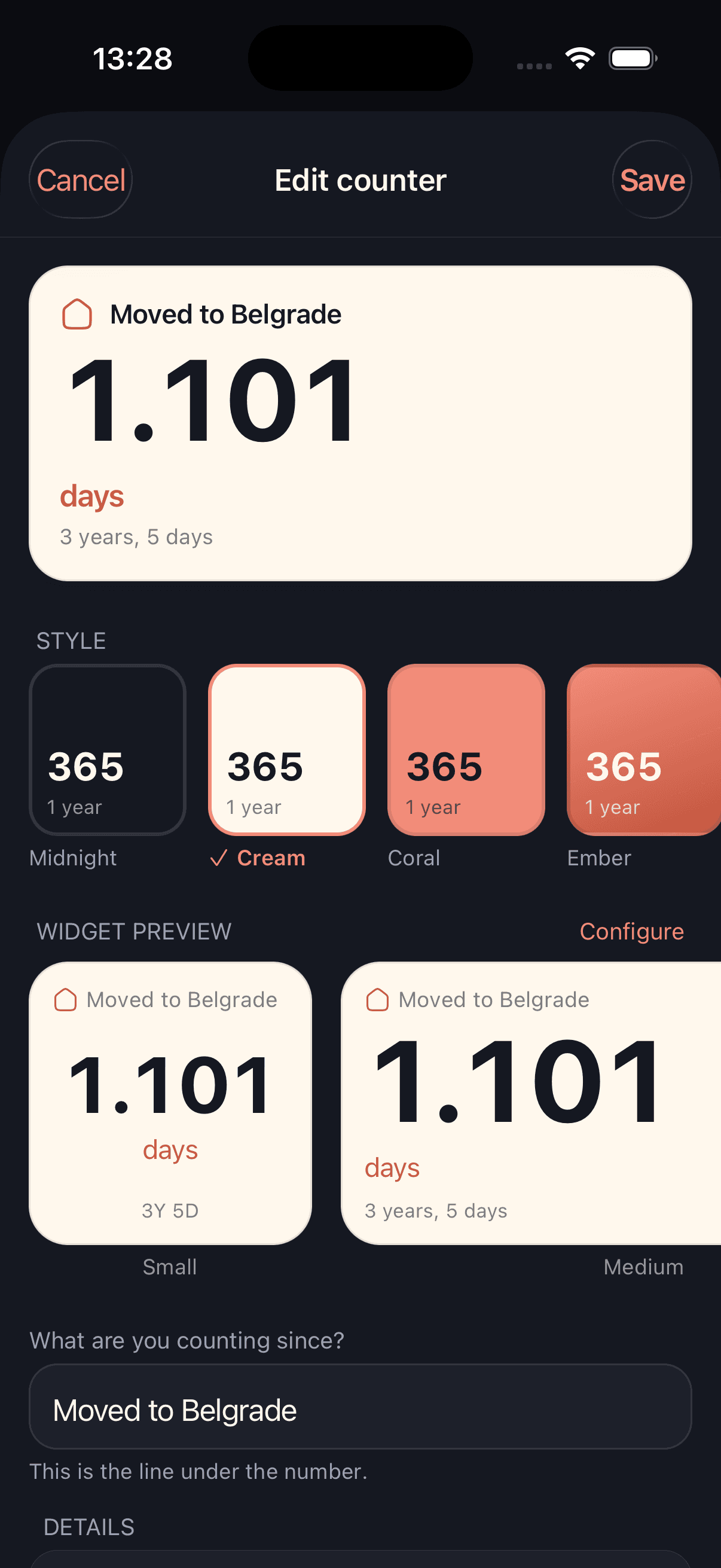 Counter editor for creating and personalizing a moment