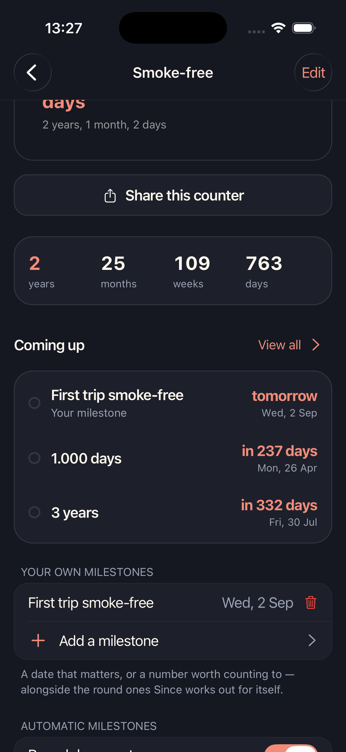 Milestones timeline for a personal counter