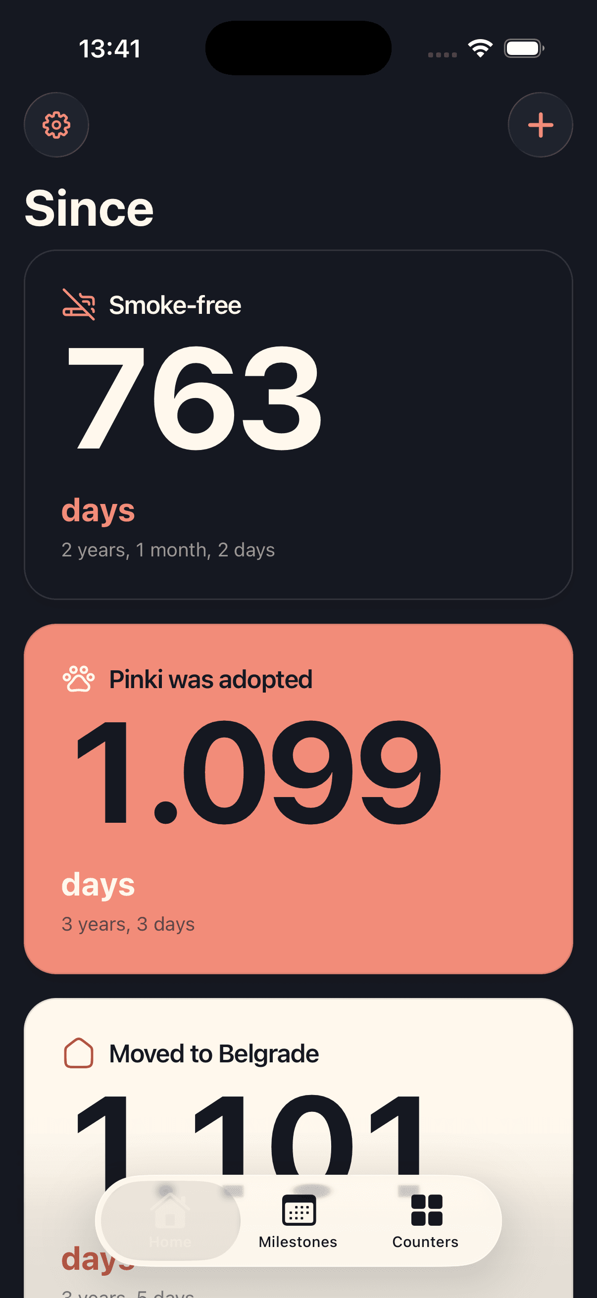 Since home screen showing several personal counters